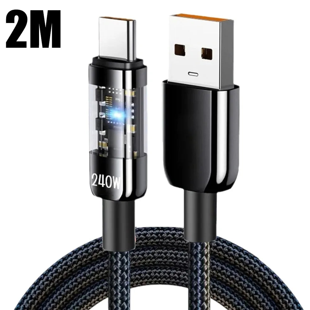 240W Type C Phone Fast Charge Data Cable USB PD Nylon Braided LED Lighting Quick Charge 3.0 Data Cord For Samsung Xiaomi Oneplus