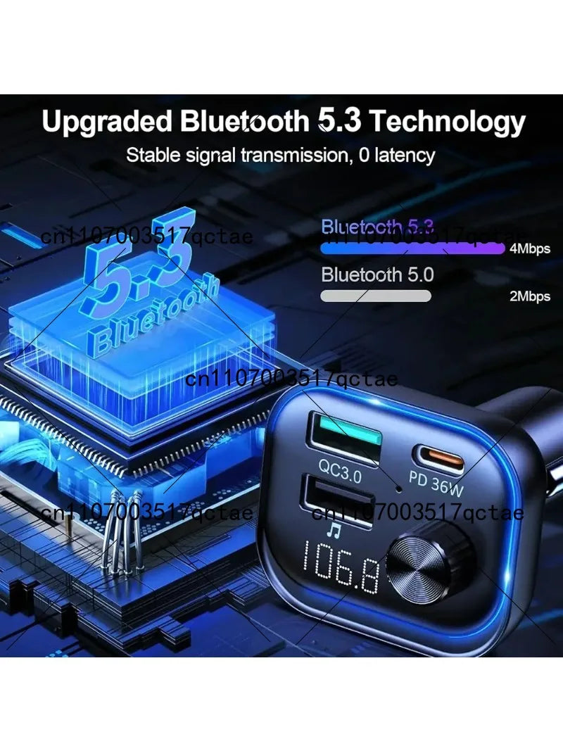 Bluetooth 5.3 Car FM Transmitter PD36W Fast Charge USB Adapter Hands Free Calling
