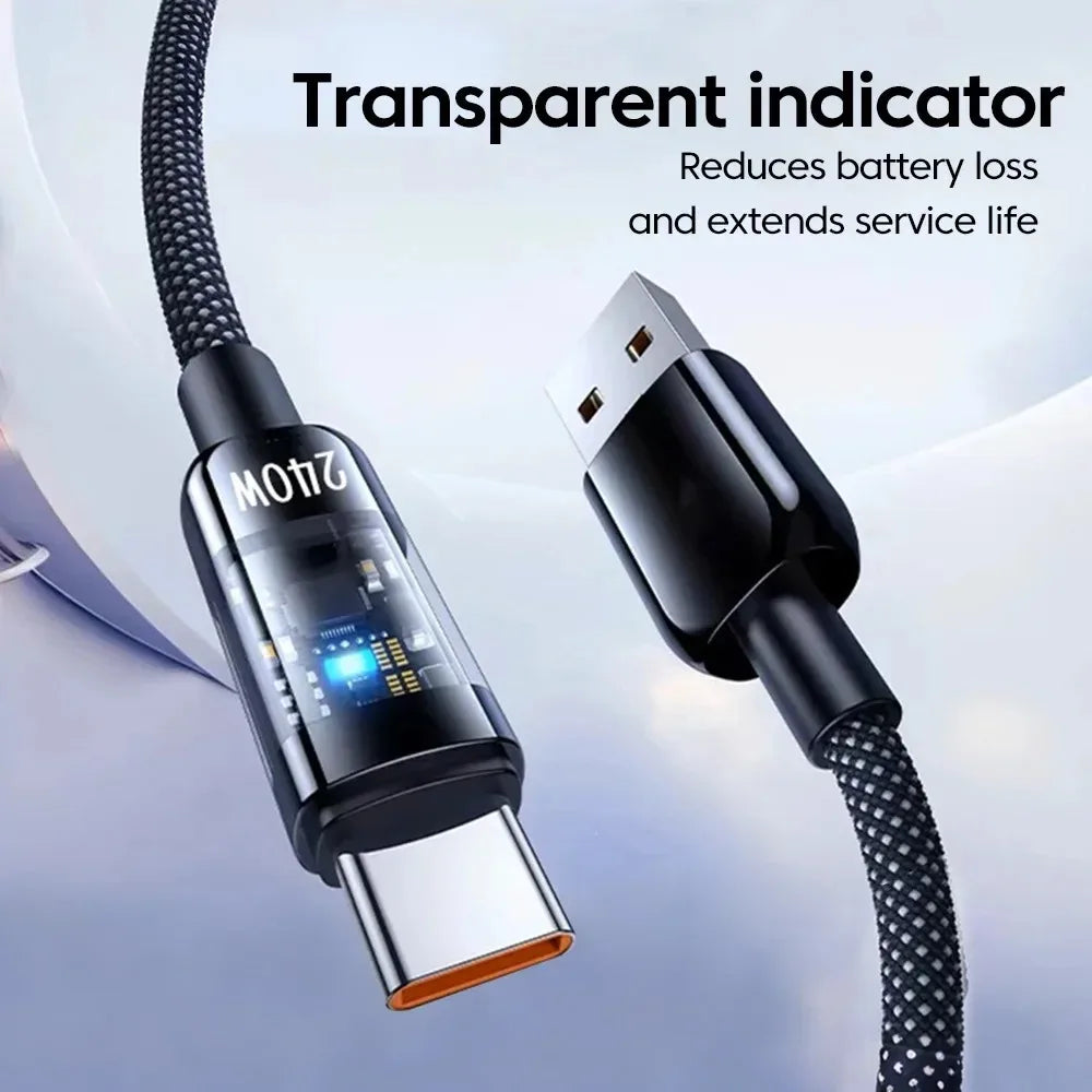 240W Type C Phone Fast Charge Data Cable USB PD Nylon Braided LED Lighting Quick Charge 3.0 Data Cord For Samsung Xiaomi Oneplus