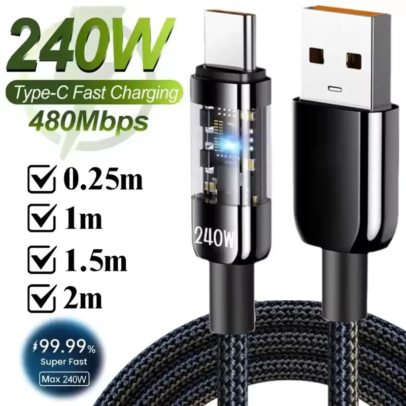 240W Type C Phone Fast Charge Data Cable USB PD Nylon Braided LED Lighting Quick Charge 3.0 Data Cord For Samsung Xiaomi Oneplus