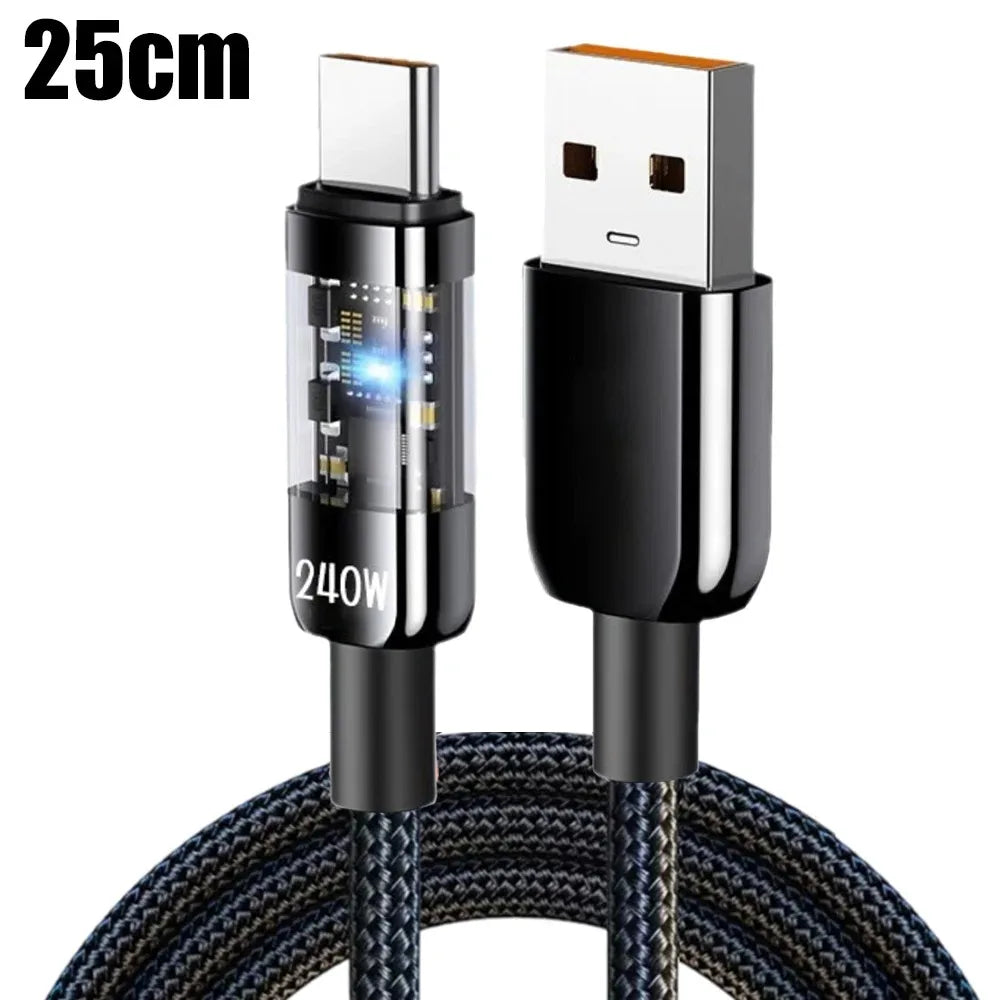 240W Type C Phone Fast Charge Data Cable USB PD Nylon Braided LED Lighting Quick Charge 3.0 Data Cord For Samsung Xiaomi Oneplus